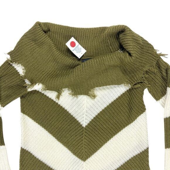 Derek Heart Distressed Frayed Sweater S Olive Green/White Striped Lace Up Back - Picture 2 of 16